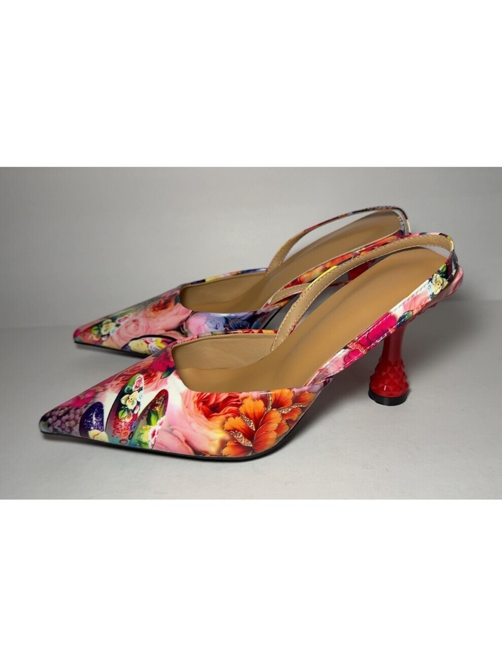 Floral Slingback Pumps Pointed Toe Red Sculptural EU 38